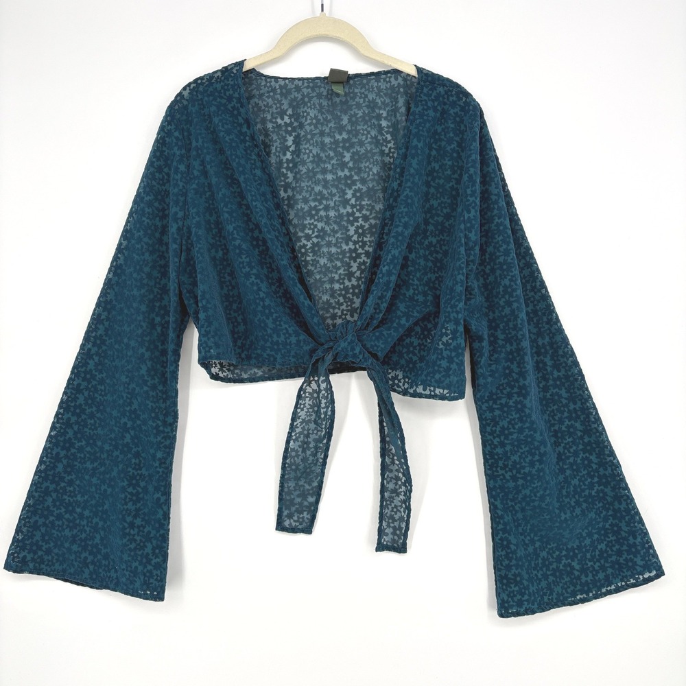 Wild Fable Women L Crop Top Teal Velvet Flocked Floral Bell Sleeve Tie Front